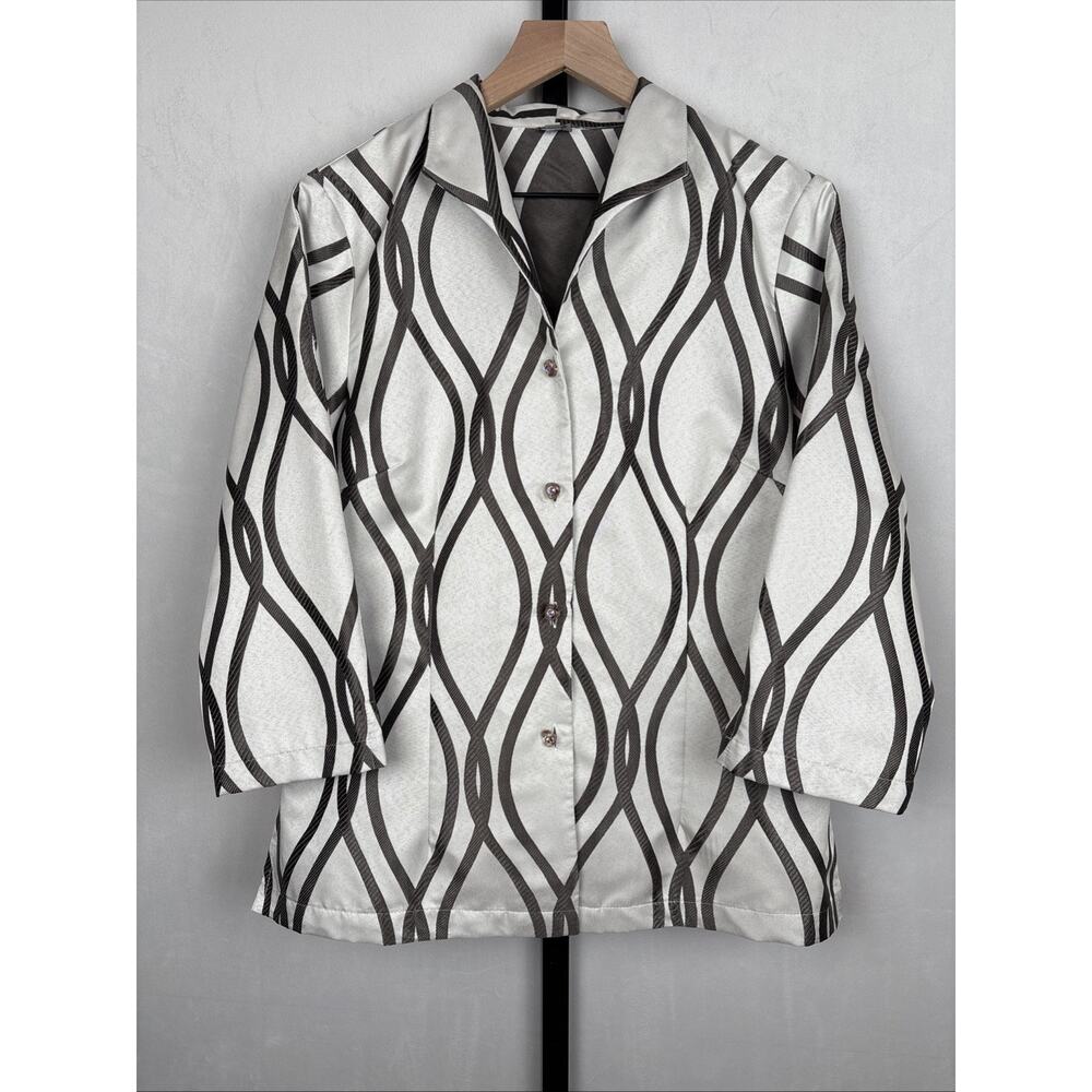 Connie Roberson Silk Geometric Print Blazer Jacket Medium White Jewel Buttons